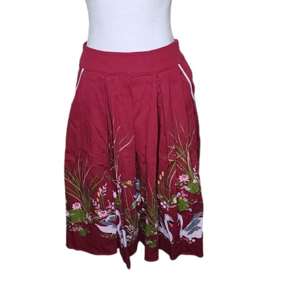 Lindy Bop Retro Circle Swing Skirt Swans Floral Womens Size 6 Red Pinup